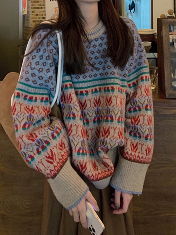 Vintage Jacquard Splice Knit Sweater-1