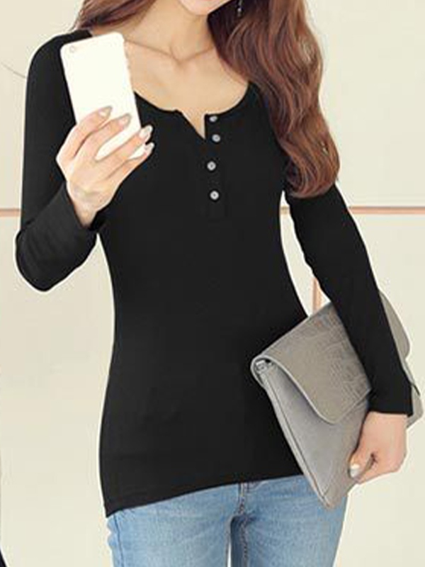 Solid Ribbed Breasted Long Sleeve Tee-2