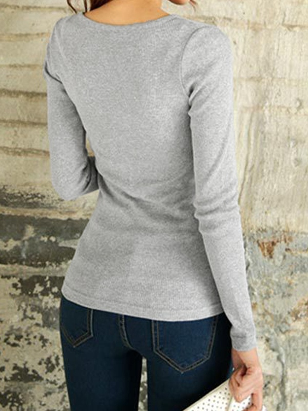Solid Ribbed Breasted Long Sleeve Tee-3