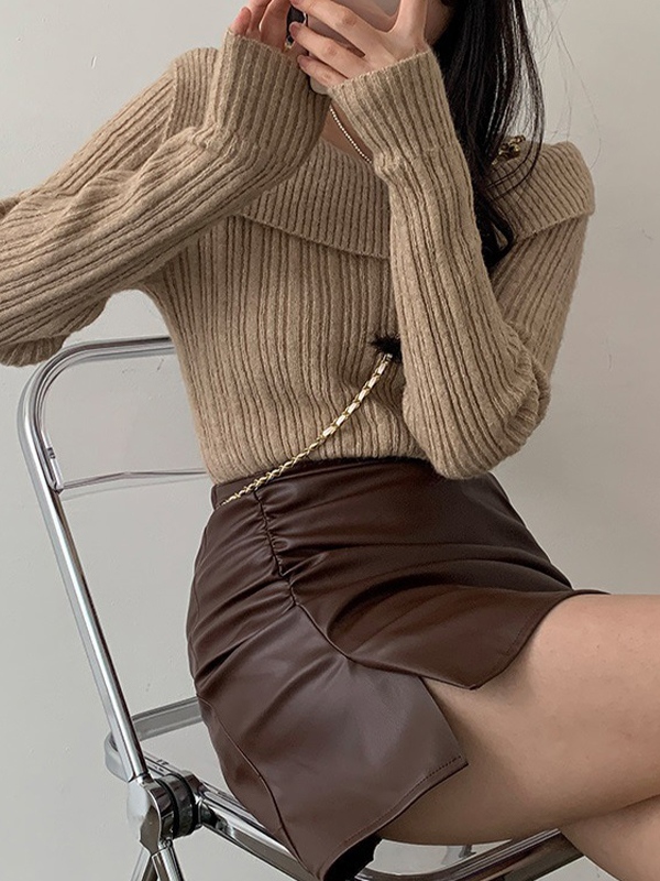 Solid Lapel Neck Slim Knit Sweater-4